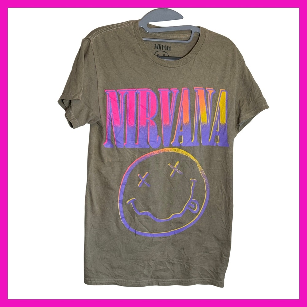Nirvana Smiley Face Graphic Band Tee Olive Green Neon Gradient Small
